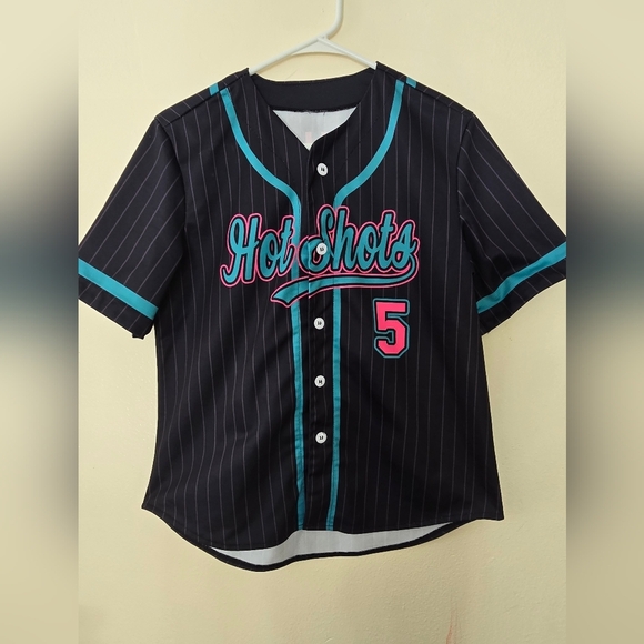Pink and Black Baseball Jersey with V-Neck and Short Sleeves - Picture 1 of 2